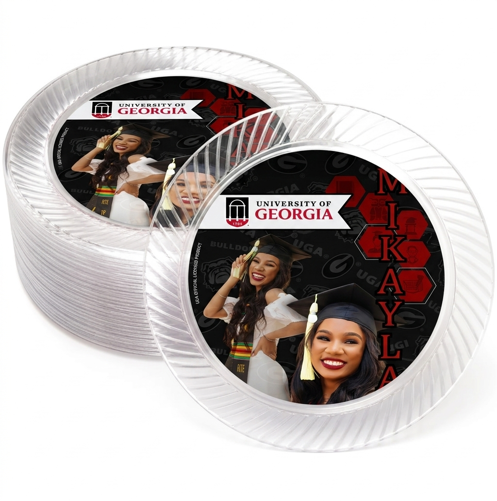 Graduation-themed party plates with images of a woman in a cap and gown and the University of Georgia logo.