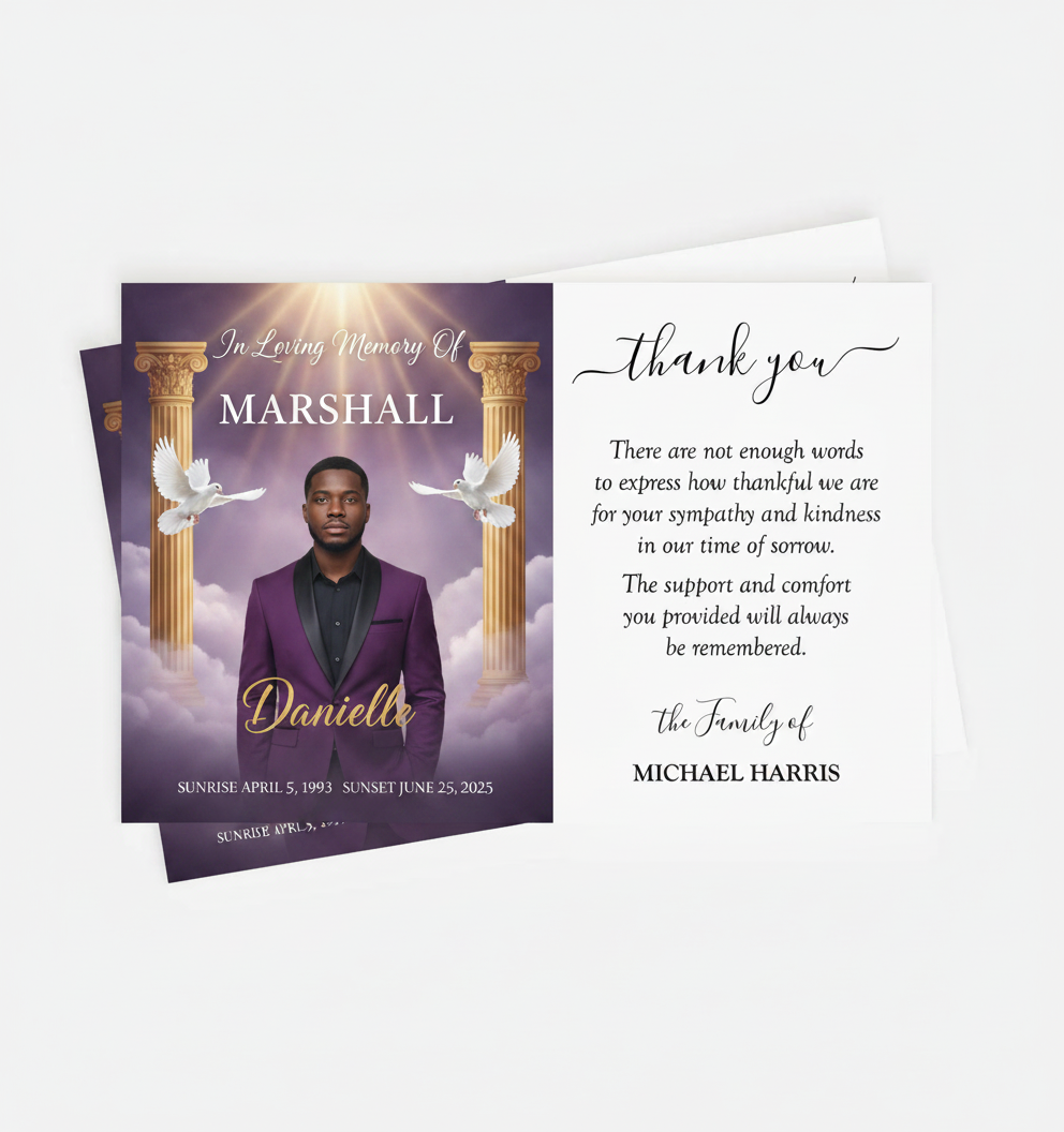 Funeral memorial card with a portrait of a man in a purple suit and text on a white background.