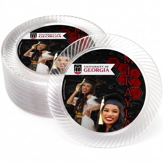 Graduation-themed party plates with images of a woman in a cap and gown and the University of Georgia logo.