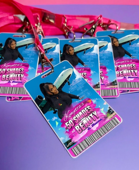 Promotional cards for '50 Shades of Beauty' with a woman on a plane against a pink and blue background.