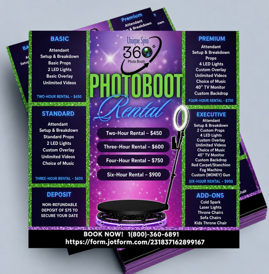 Flyer for photo booth rental services with pricing and contact information.
