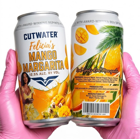Two Cutwater Spirits cans of 'Felicia's Mango Margarita' held by hands wearing pink gloves against a white background, showing both the front and back labels.
