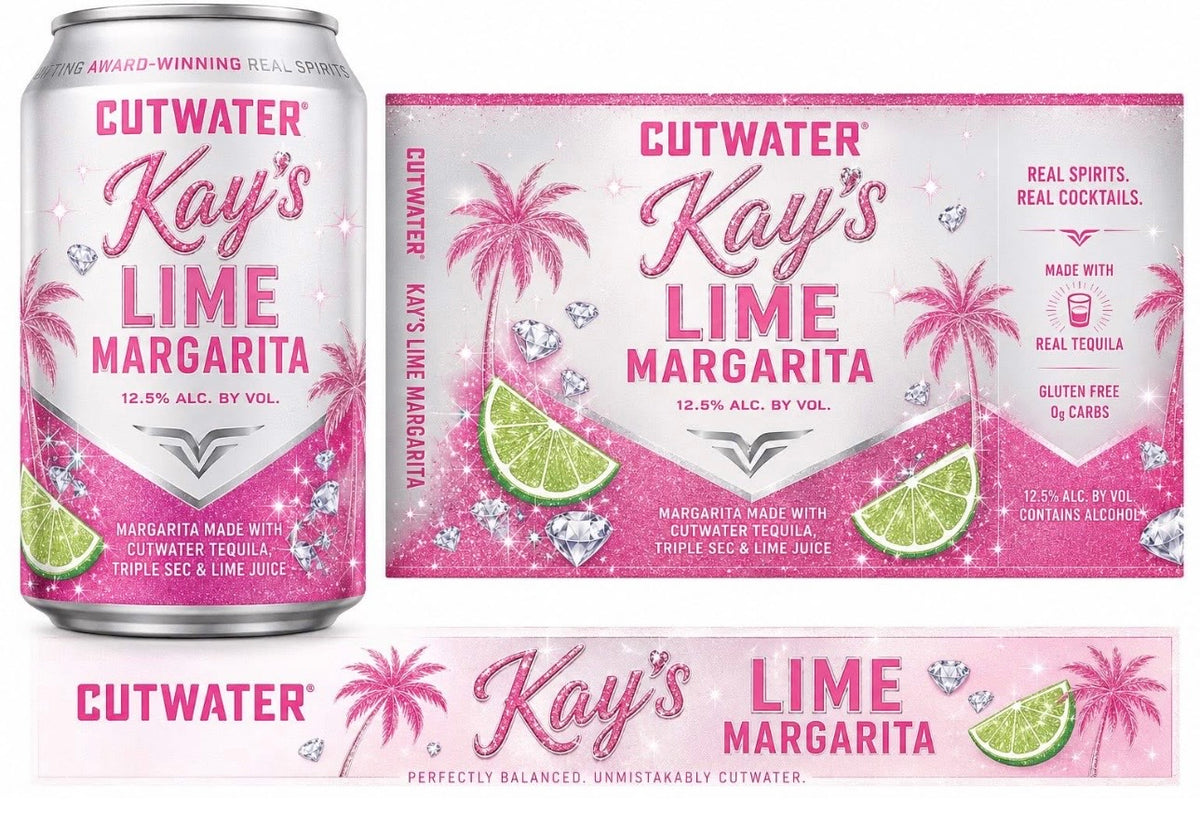 Cutwater Kay's Lime Margarita can and packaging with pink design and lime graphics.