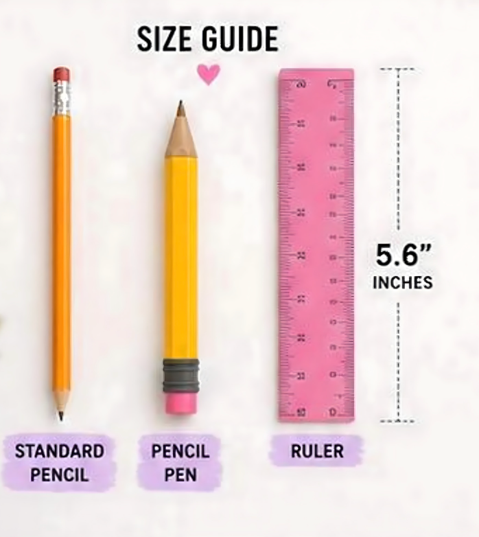 Size guide graphic comparing a standard yellow pencil, a yellow pencil pen, and a pink ruler. The ruler is labeled 5.