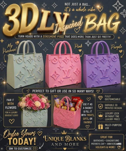 Promotional graphic for 3D LV-inspired bags in various colors with text highlighting features and uses.