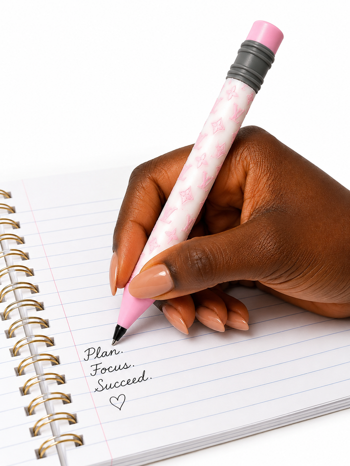 A hand with manicured nails holds a pink patterned pencil with a gray eraser over an open lined spiral notebook, writing the words 'Plan. Focus.