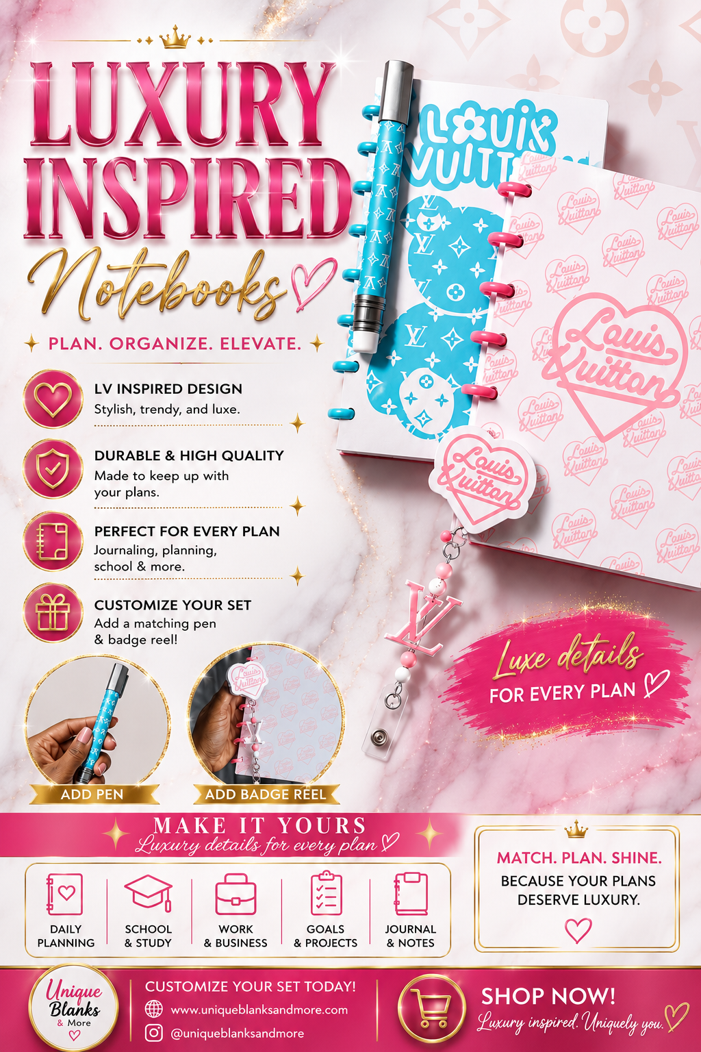 A promotional graphic for a luxury-inspired notebook set, featuring a pink and white Louis Vuitton monogram notebook, a blue and pink pen, and a pink heart-shaped charm, with text overlays and branding for 'Uniquely Blocks' and 'Louis Vuitton'.