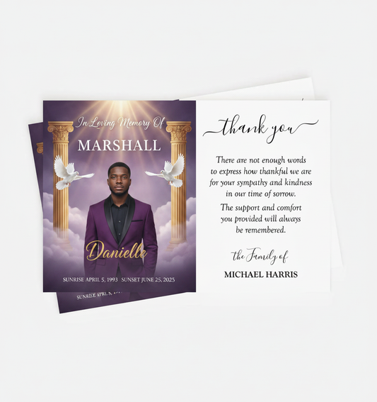Funeral memorial card with a portrait of a man in a purple suit and text on a white background.