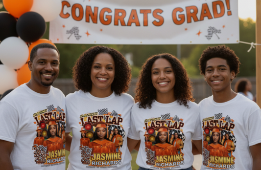 Four people wearing matching t-shirts with a 'Congrats Grad' sign in the background.